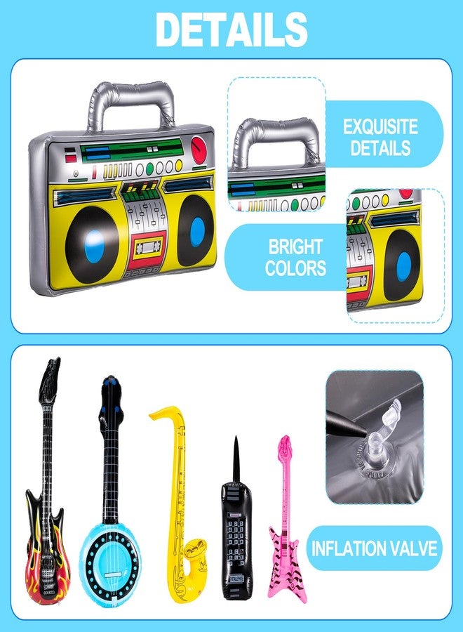 PLMMOUT 12 Pcs Inflatable Instruments,Inflatable Rock Star Toy Set,Inflatable Guitar,Blow up Guitar Inflatable Saxophone Inflatable Microphones Bass Lute Boombox Phone Piano,80s 90s Party Decorations - Image 3